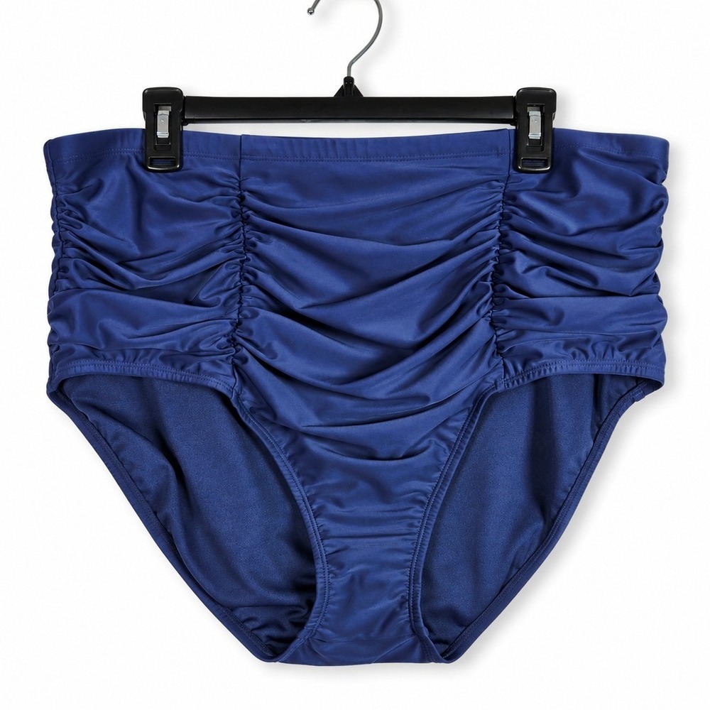 Raisins Curve Costa Swim Bottom Women 24W Navy Blue Ruched High Waist Bikini